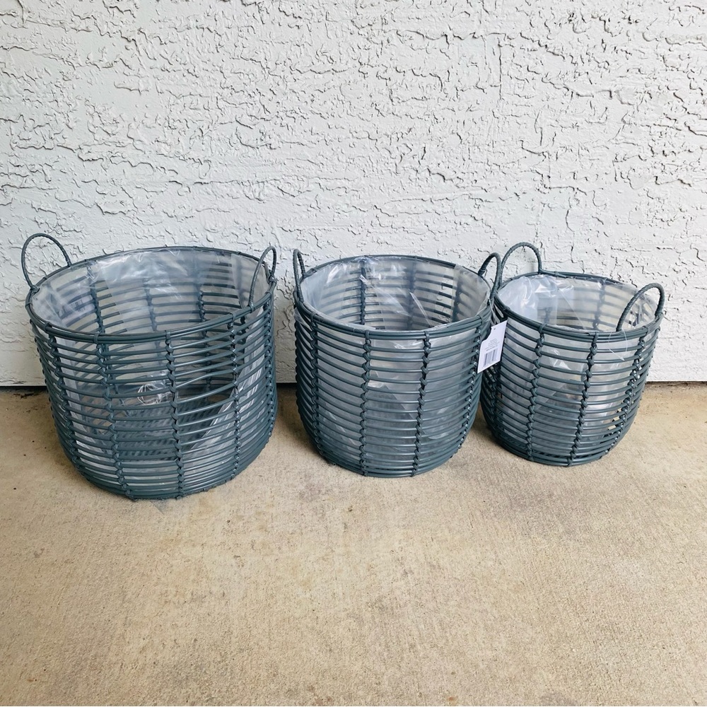 SET OF 3 Gray Plastic Wrapped Metal Planters with Handles and Plastic Lining